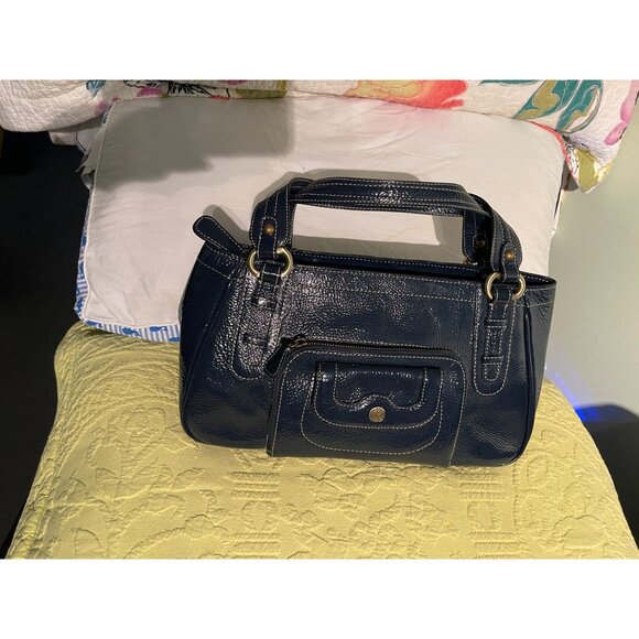 Perlina New York Navy Blue Faux Leather Shoulder Bag With Leopard Print Lining & - Picture 3 of 16